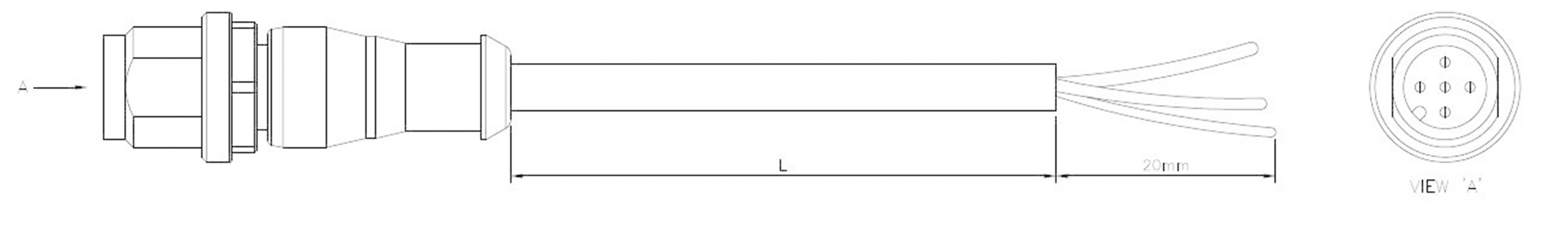 Technische Zeichnung eines Steckers mit Kabel, seitliche und frontale Ansicht. Maße L und Ø sind angegeben. Zeichnung im technischen Stil.