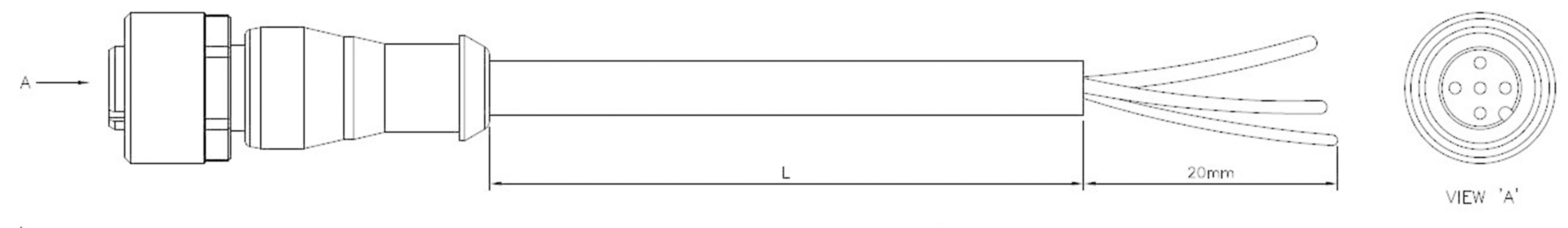 Technische Zeichnung eines Steckers mit Kabel. Details zur Länge, Durchmesser und Anschlussdetails sind gezeigt.