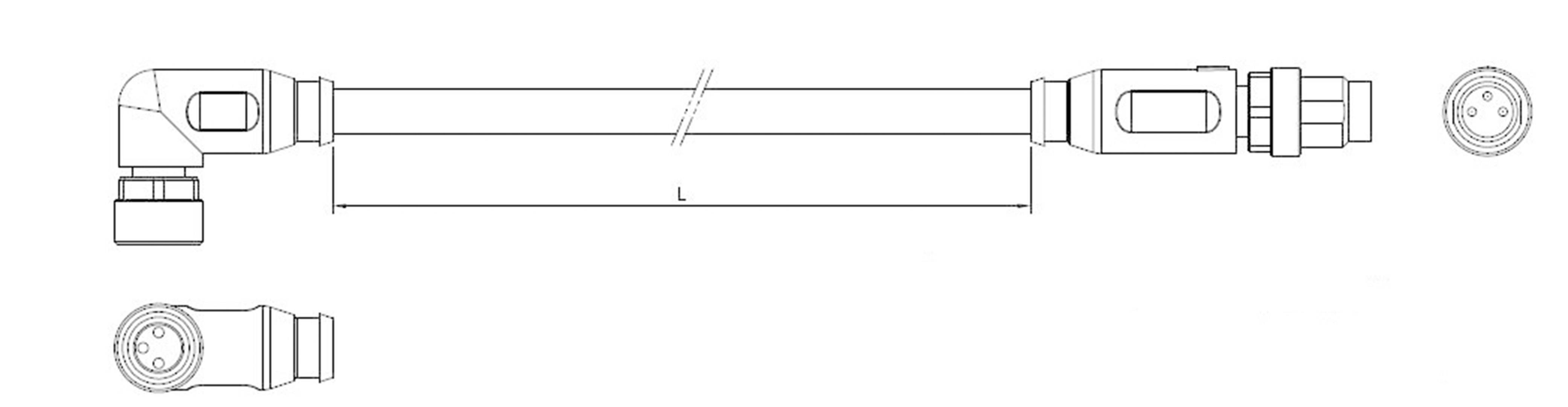 Technische Zeichnung eines flexiblen Schlauchanschlusses mit Winkelelementen und Verschraubungen, seitliche und frontale Ansichten.