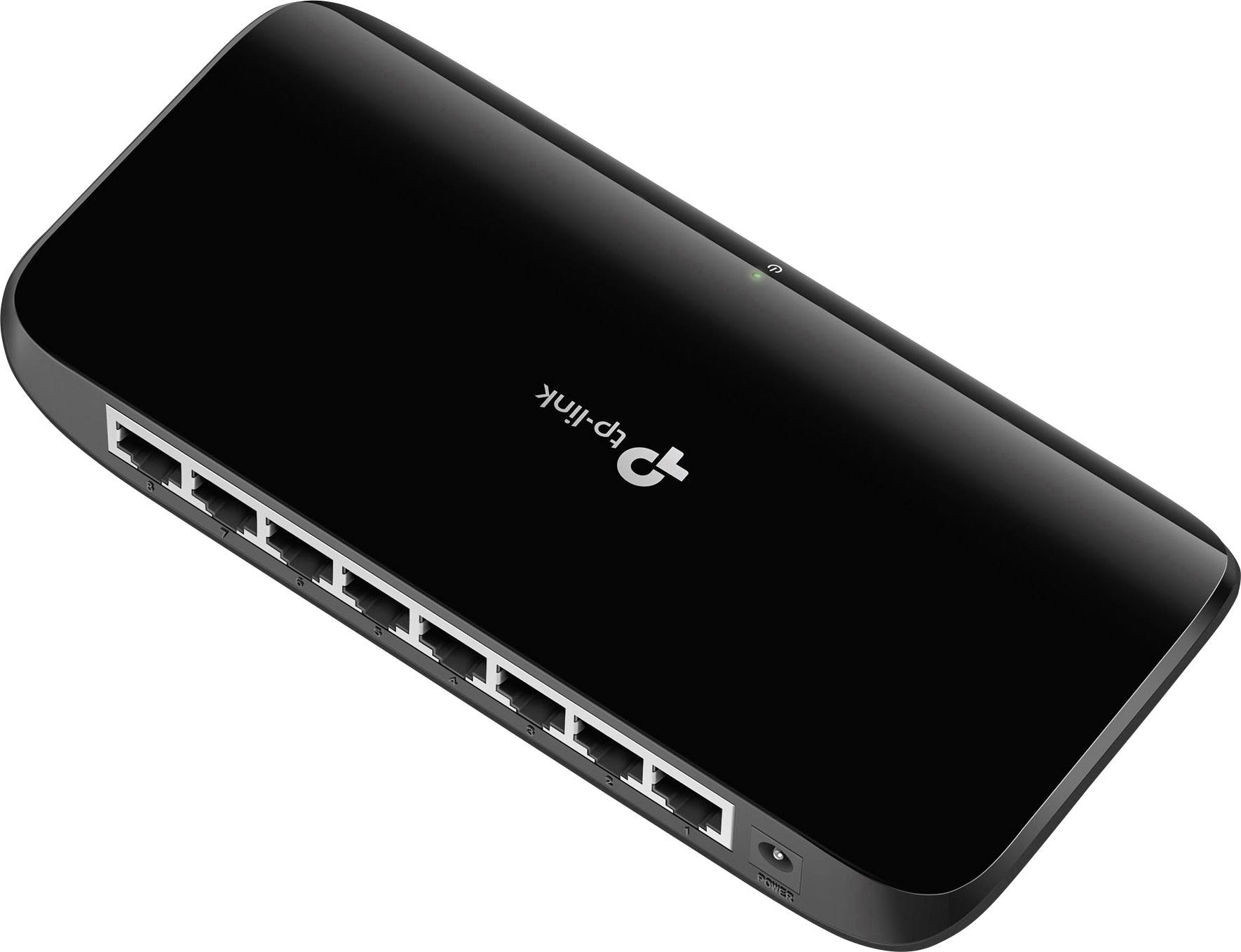 Schwarzer TP-Link Netzwerk-Switch mit acht Ethernet-Ports. Ideal zur Erweiterung eines Heim- oder Büronetzwerks.