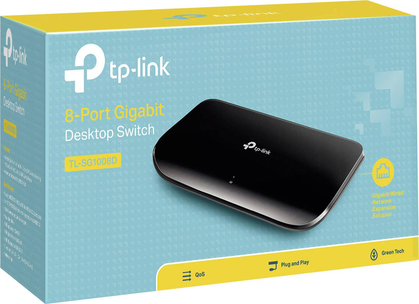 Eine Verpackung für einen TP-Link 8-Port Gigabit Desktop Switch. Sie ist gelb-blau mit Produktnamen und Merkmalen.