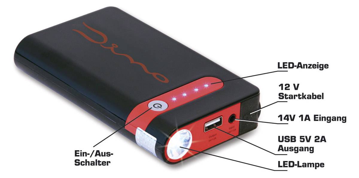 Dino KRAFTPAKET Schnellstartsystem 9000m Ah 136103 Starthilfestrom (12 V)=200 A 12 V-Ausgang 1x, Arbeitsleuchte, Ladezustandsanzeige