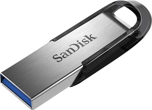USB-Stick mit Metallgehäuse und blauem USB-Anschluss, auf dem 'SanDisk' steht.