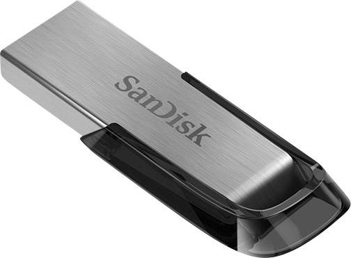 USB-Stick mit 'SanDisk'-Logo, silbernes Gehäuse, schwarzer Schutzkappe, dient zur Datenspeicherung und -übertragung.