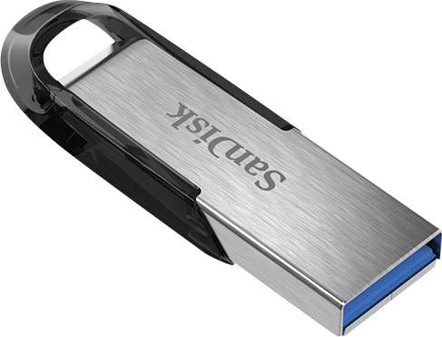 Ein metallischer USB-Stick mit schwarzem Griff und blauer Schnittstelle. Markenname 'SanDisk' auf der Metalloberfläche.