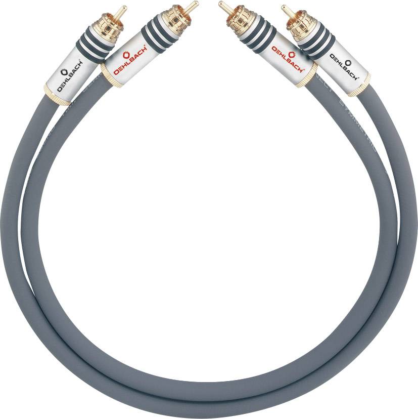 Ein graues Cinch-Kabel mit vergoldeten Anschlüssen, geeignet für die Verbindung von Audio-Komponenten.
