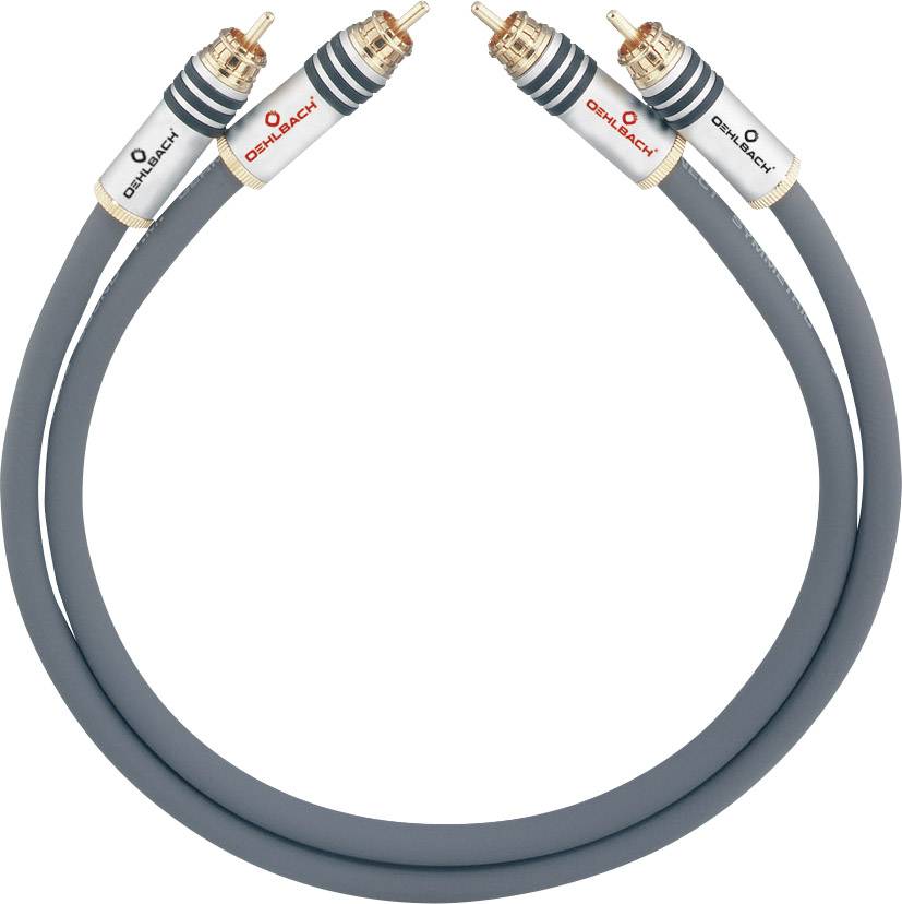 Zwei Cinch-Kabel mit goldenen Steckern und silbernen Gehäusen, verbunden durch ein graues Kabel, auf einem weißen Hintergrund.