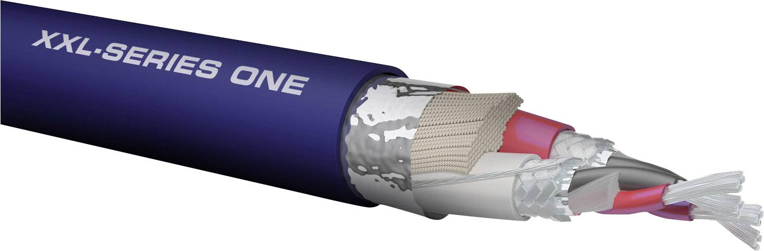 Kabelquerschnitt der 'XXL-SERIES ONE'. Sichtbar: Schichten von Isolierung, Abschirmung und mehreren inneren Leitern.