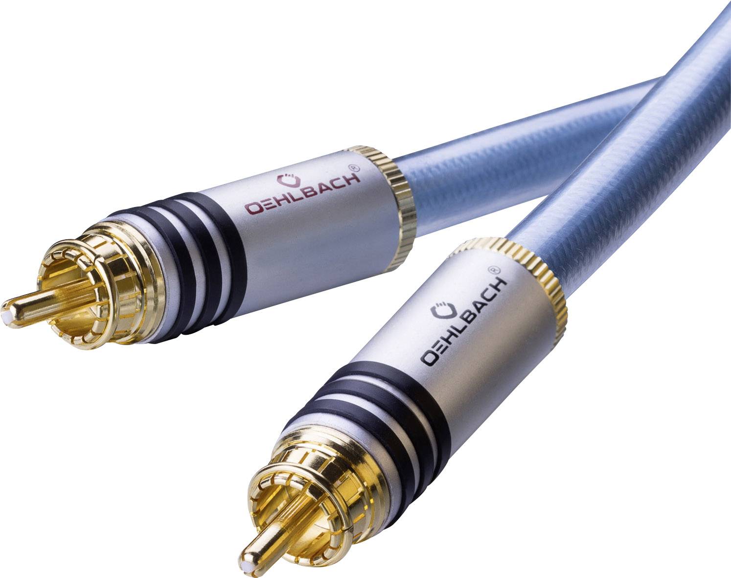 Zwei blaue Audiokabel mit goldenen Anschlüssen und Oehlbach-Logo, verwendet für hochwertige Audioverbindungen.