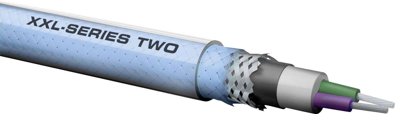 Ein Koaxialkabel der 'XXL-SERIES TWO' mit blauer Isolierung und freigelegten inneren Schichten, darunter zwei farbige Drähte.
