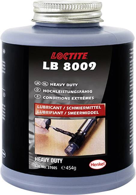 'LOCTITE LB 8009' Schmiermittelbehälter; geeignet für Schwerlastanwendungen; 454g; Bild eines mit Schmiermittel behandelten Metallteils.