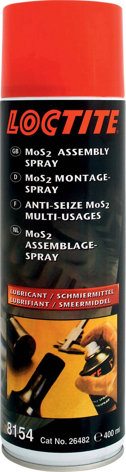 Sprühdose mit roter Kappe, beschriftet mit 'Loctite MoS2 Assembly Spray'. Enthält Text auf Englisch, Deutsch, Niederländisch und Französisch.
