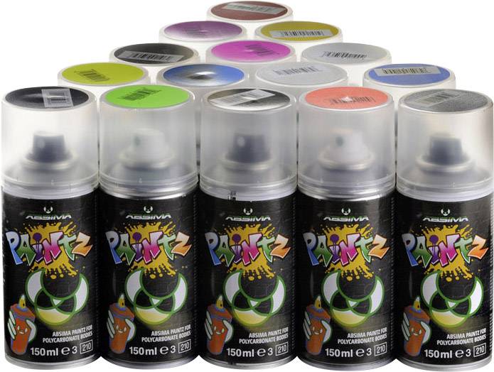 Verschiedene Spraydosen mit bunten Farben in zwei Reihen; in der Vorderreihe erscheinen sechs Dosen mit dem Label 'Paintz'.