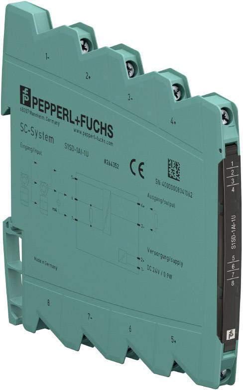 Grünes elektronisches Modul von Pepperl+Fuchs, Modell SC-System, mit Etiketten für Eingangs- und Ausgangsanschlüsse.