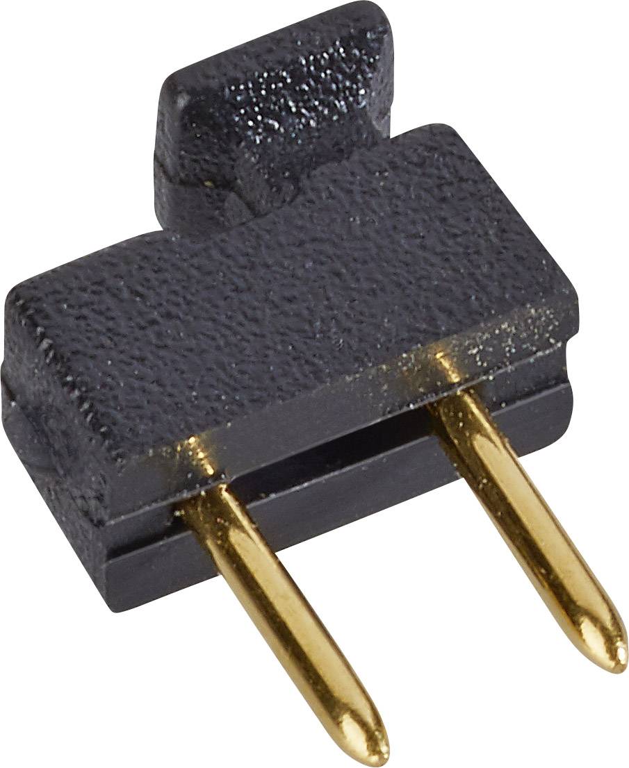 Schwarzer Jumper-Stecker mit zwei goldfarbenen Pins zur elektrischen Verbindung auf Leiterplatten.