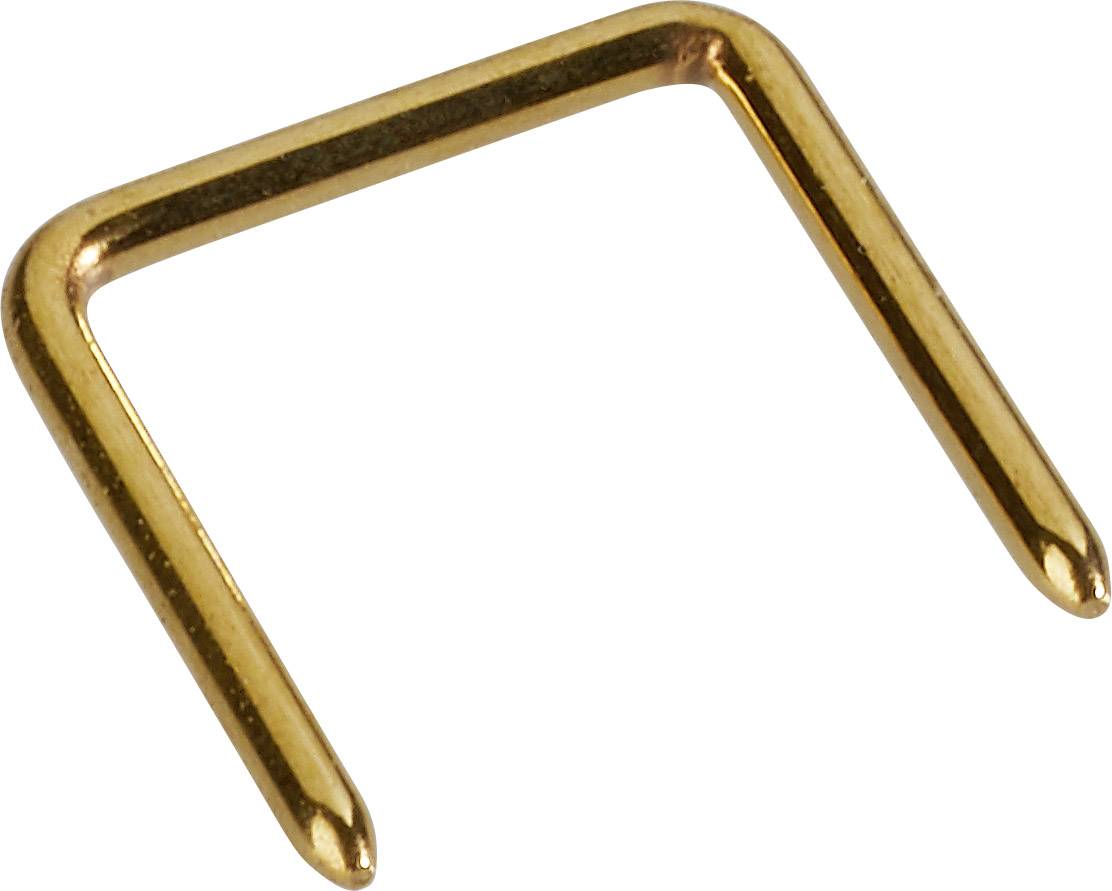 Ein goldfarbener Drahtbügel in U-Form mit spitzen Enden auf weißem Hintergrund.