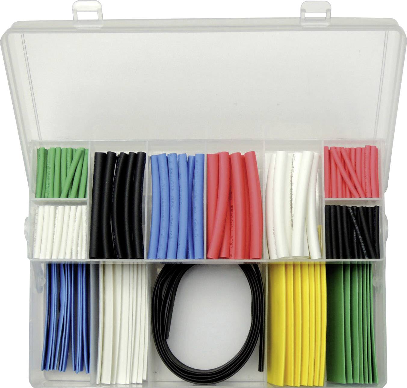 Eine geöffnete Plastikbox zeigt verschiedene Farben von Schrumpfschläuchen, die in Fächern sortiert sind: grün, blau, rot, weiß, schwarz und gelb.