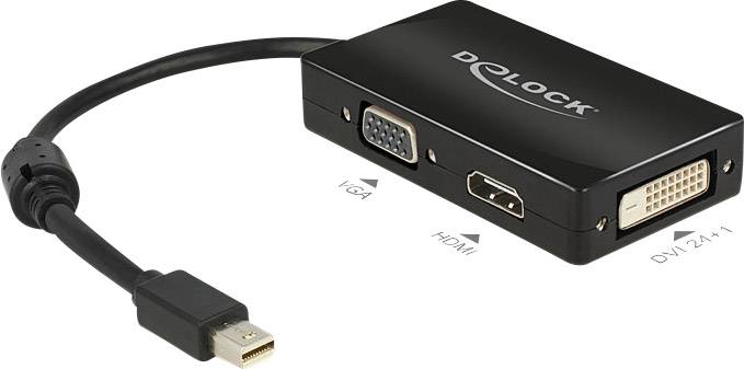 Schwarzer Adapter mit einem Mini DisplayPort-Stecker und drei Anschlüssen: VGA, HDMI und DVI. Geeignet für Videoübertragungen.