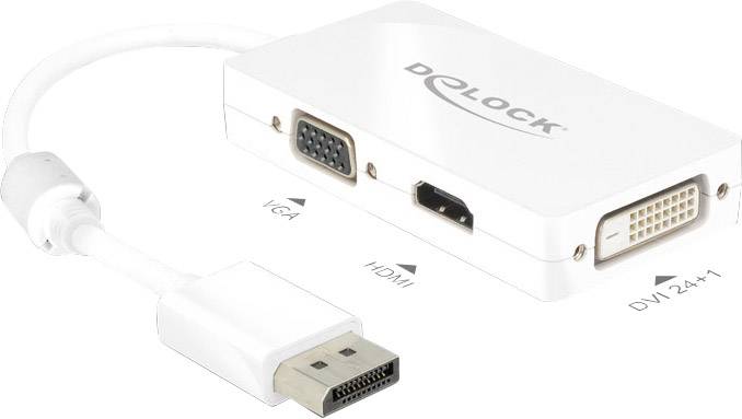 Adapter mit einem DisplayPort-Stecker und Anschlüssen für VGA, HDMI und DVI 24+1 Buchsen. Weißes Gehäuse, kompakte Bauweise.