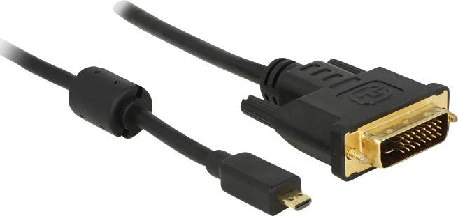 Schwarzes Kabel mit DVI-Stecker am einen Ende und Micro-HDMI-Stecker am anderen, verwendet zur Verbindung elektronischer Geräte.