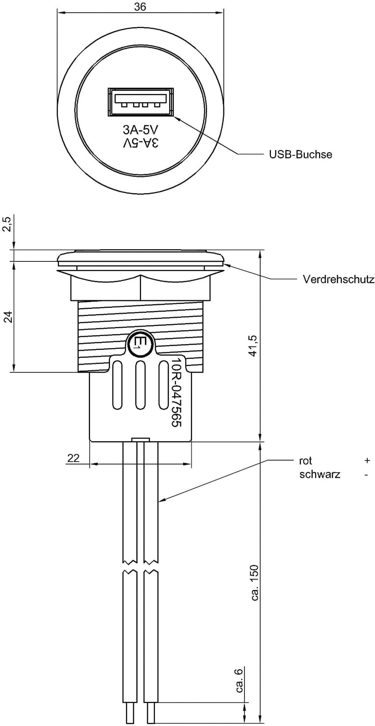 ProCar Power USB Einbausteckdose Belastbarkeit Strom max.=3A Passend für (Details) USB-A Steckdose 12V zu 5 V, 24V zu 5V
