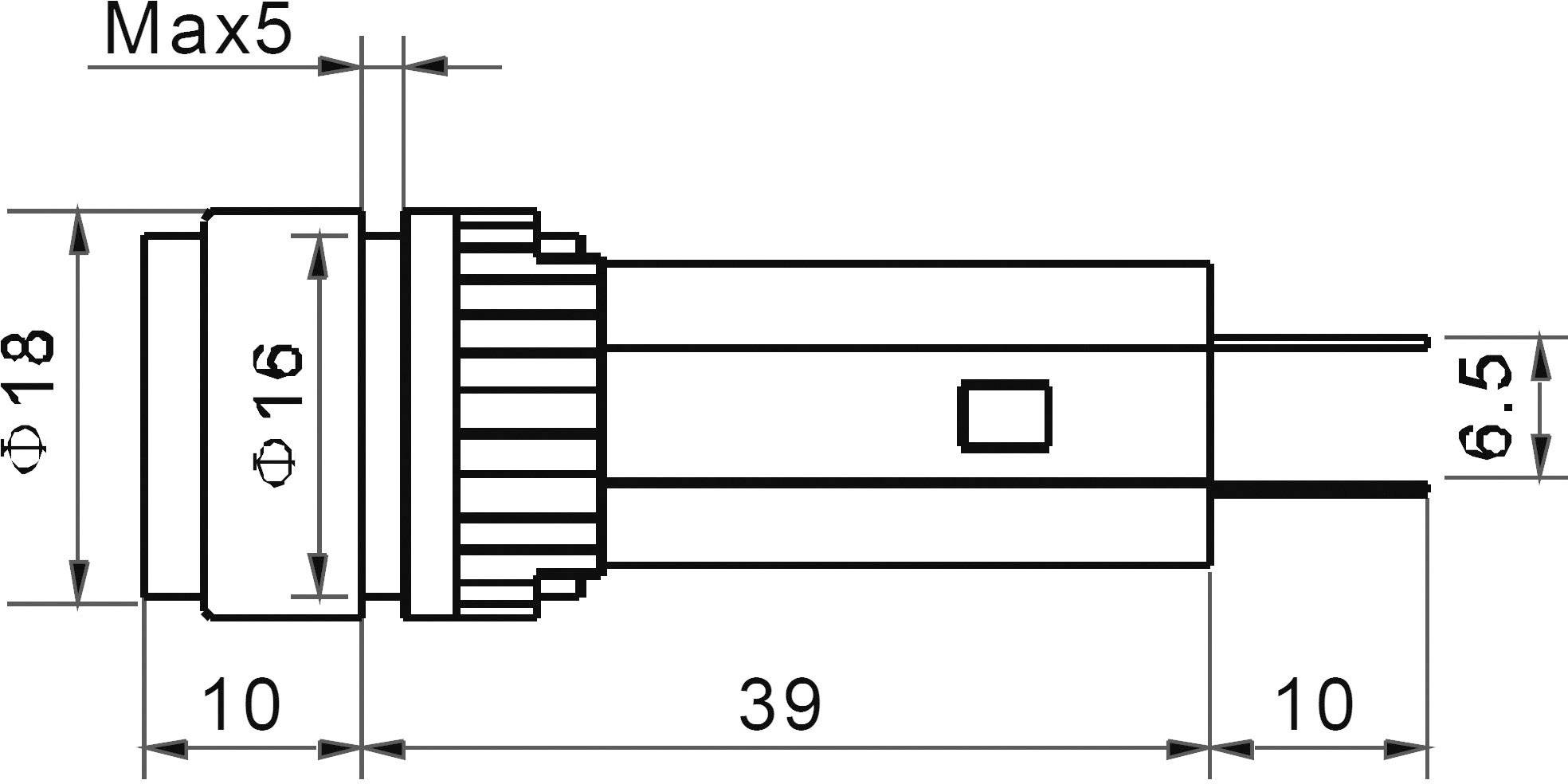 Technische Zeichnung eines elektronischen Bauteils mit Abmessungen: Länge 39 mm, Durchmesser 16 mm. Detaillierte Seitenansicht.