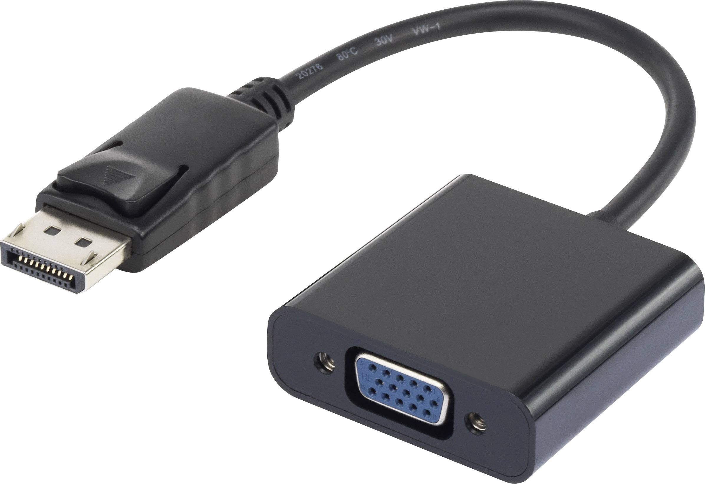 Ein schwarzer Adapterkabel von DisplayPort zu VGA, zeigt den DisplayPort-Stecker auf der linken Seite und den VGA-Anschluss rechts.