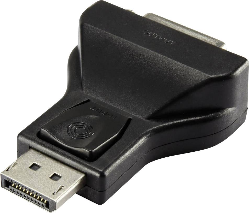 Ein schwarzer DisplayPort-zu-DVI-Adapter für die Verbindung von Computern mit Monitoren. Zeigt beide Anschlussseiten deutlich.