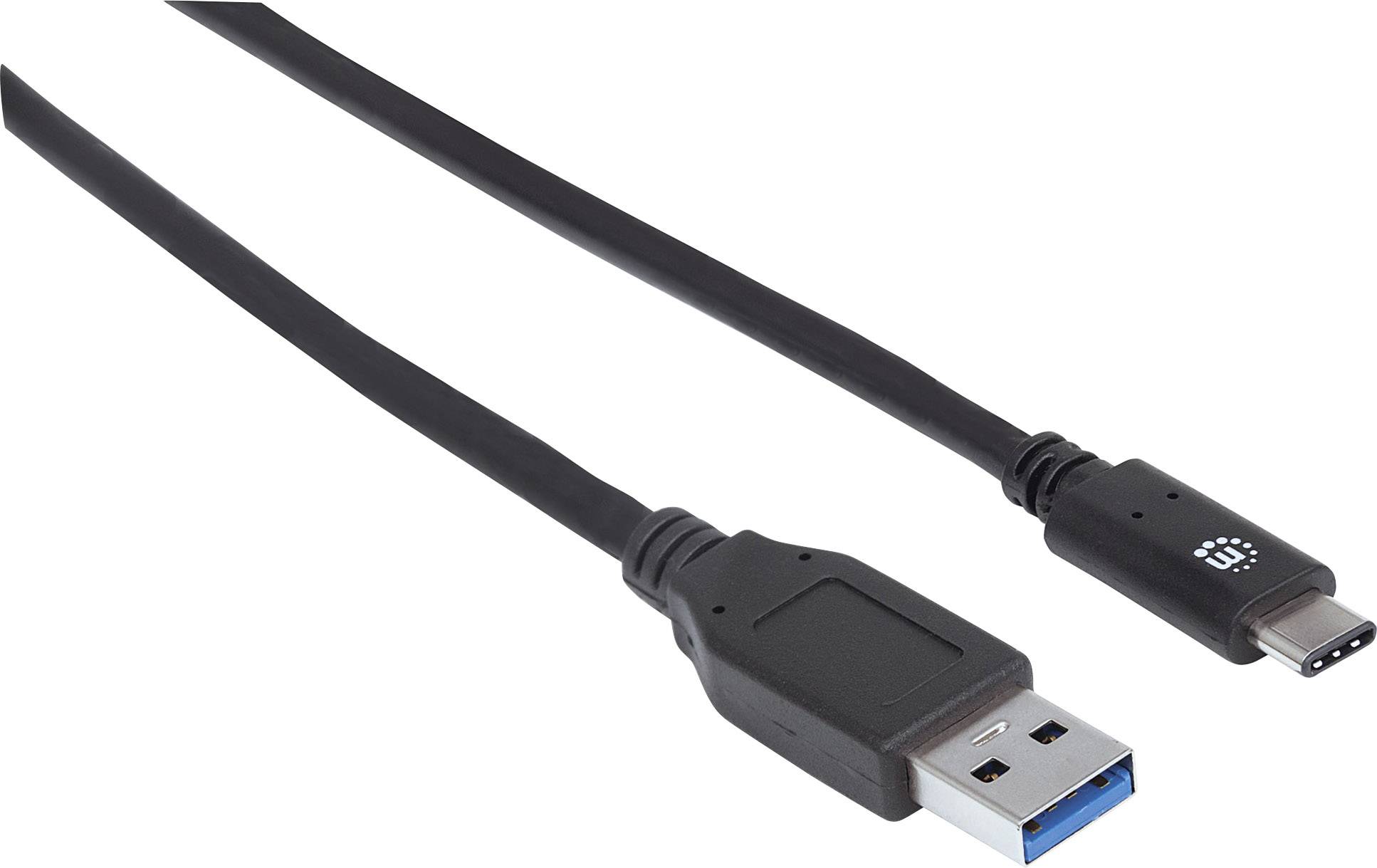 USB-Kabel mit einem Typ-A-Stecker links und einem Typ-C-Stecker rechts, auf weißem Hintergrund.