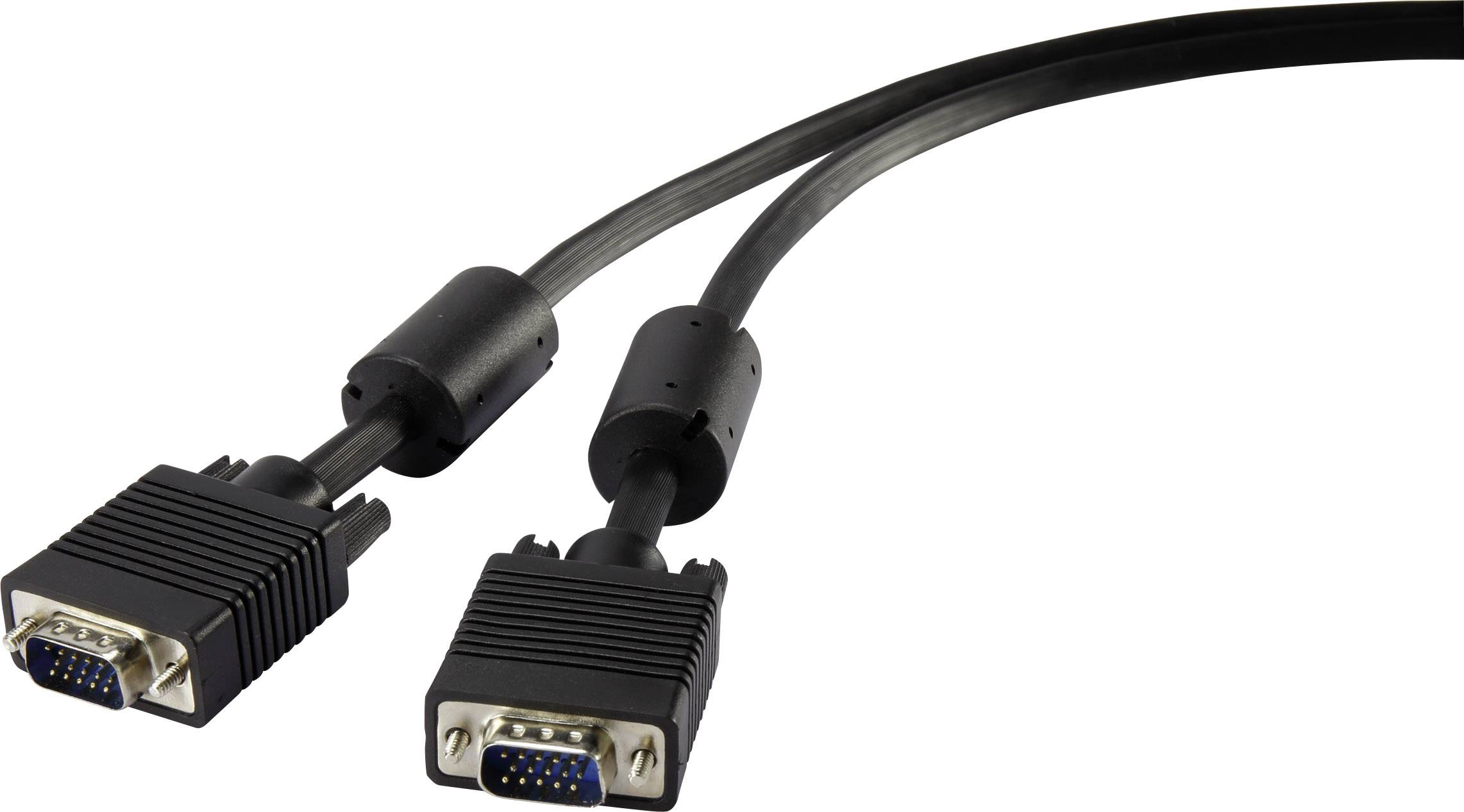 Zwei schwarze VGA-Kabel mit blauen Anschlussbuchsen und Schrauben, die zur Verbindung von Monitor und Computer verwendet werden.