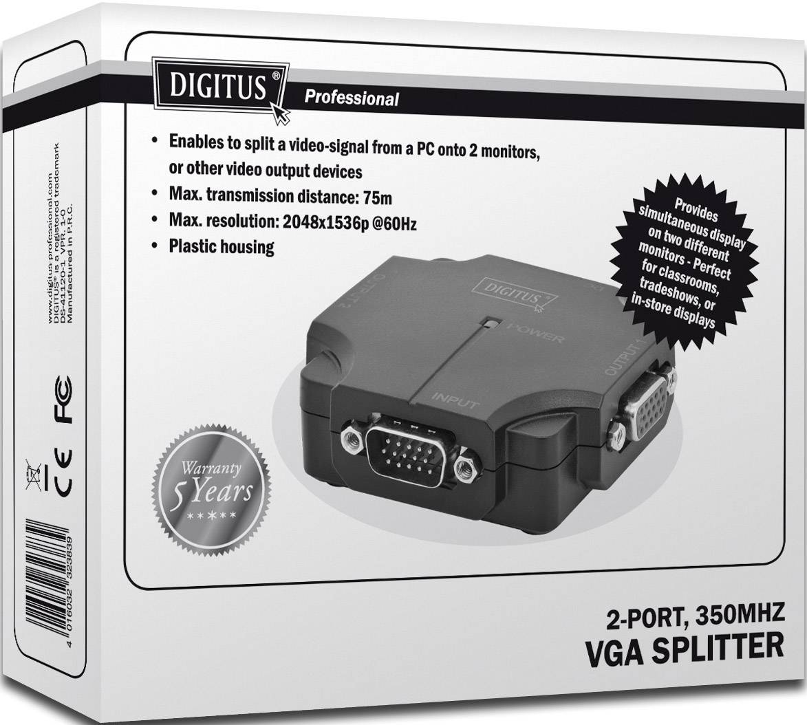 Digitus DS-41120-1 2 Port VGA-Splitter 1920 x 1080 Pixel Schwarz