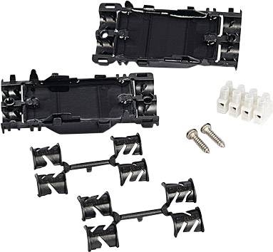 Schwarz-weiße Kunststoffteile eines Modellbau-Baukastensets, bestehend aus einer Basis, Verbindungsstücken, Schrauben und Steckverbindern.