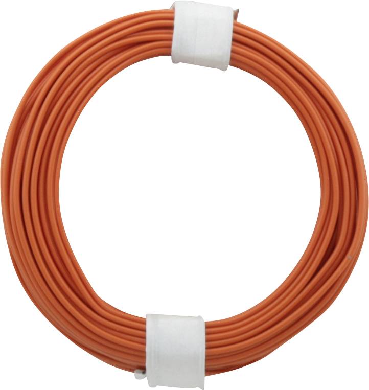 Ein aufgewickeltes, orangefarbenes Kabel mit weißem Klebeband fixiert, auf neutralem Hintergrund.