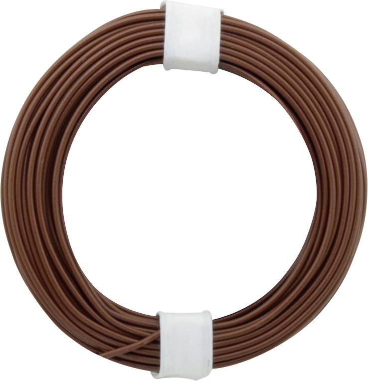 Ein braunes Kabel ist zu einer Rolle aufgewickelt und wird von zwei weißen Kabelbindern zusammengehalten.