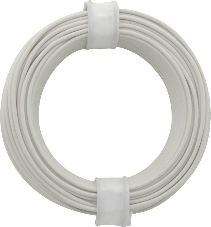 Eine weiße Kabelrolle, ordentlich aufgerollt, mit zwei Clips zur Befestigung, geeignet für elektrische Installationen oder Haushaltsgeräte.