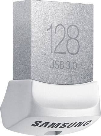 USB-3.0-Stick von Samsung mit 128 GB Speicher, silbernes Design, kompakt und geeignet für Datenübertragung und -speicherung.