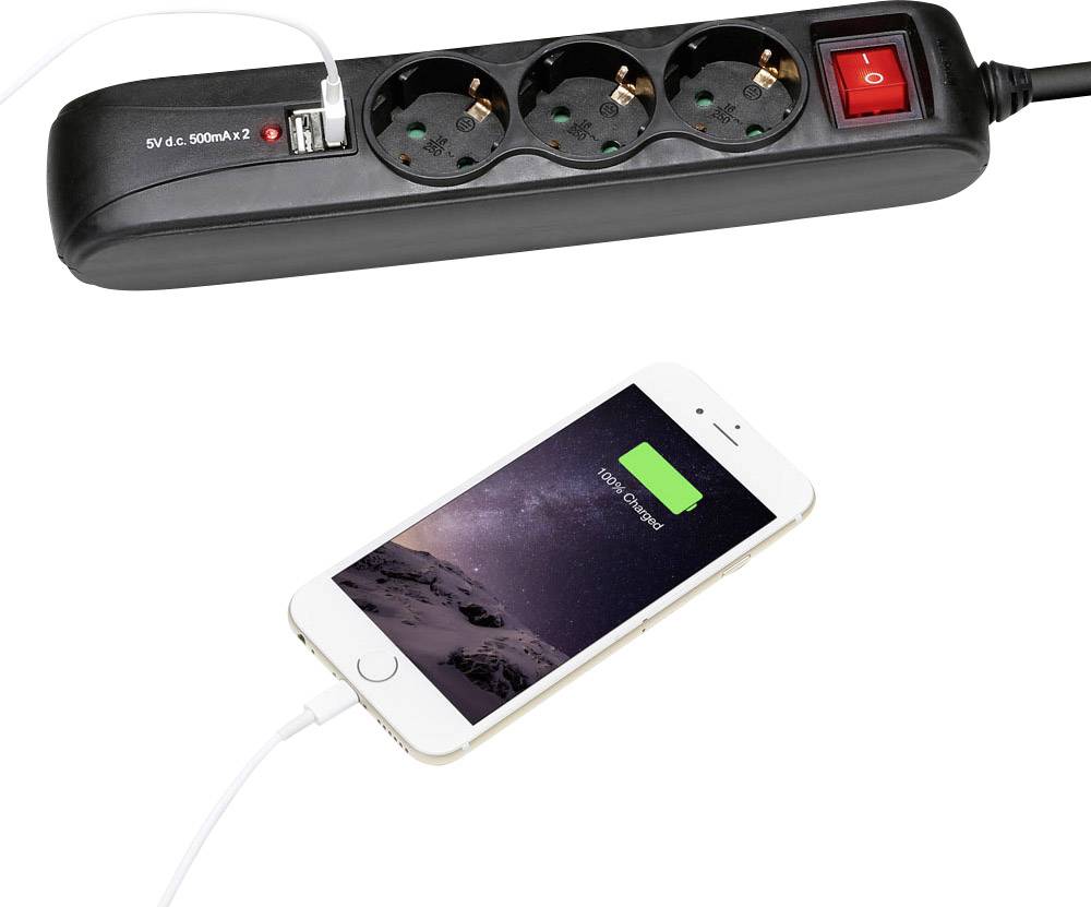 Adam Hall 8747S3USB Steckdosenleiste mit Schalter 3fach Schwarz Schutzkontakt 1 St.