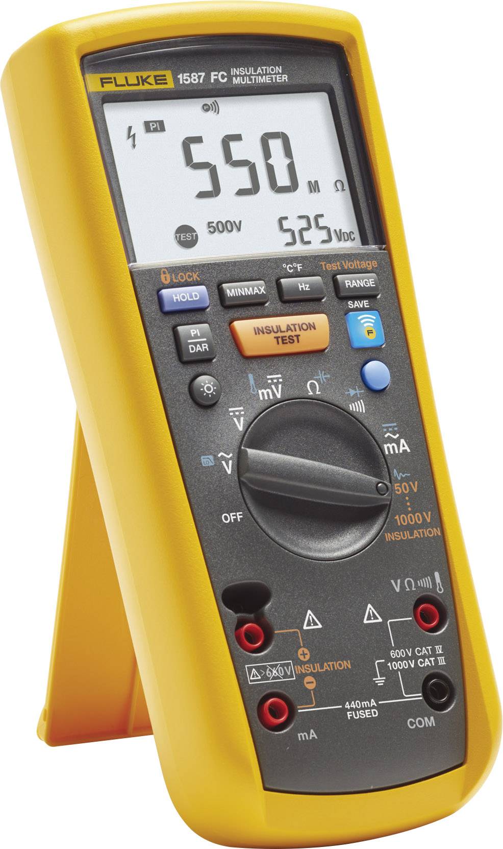 Digital-Multimeter mit gelbem Gehäuse zeigt einen Messwert von 550 Ohm an. Verschiedene Modi und Messoptionen sind sichtbar.