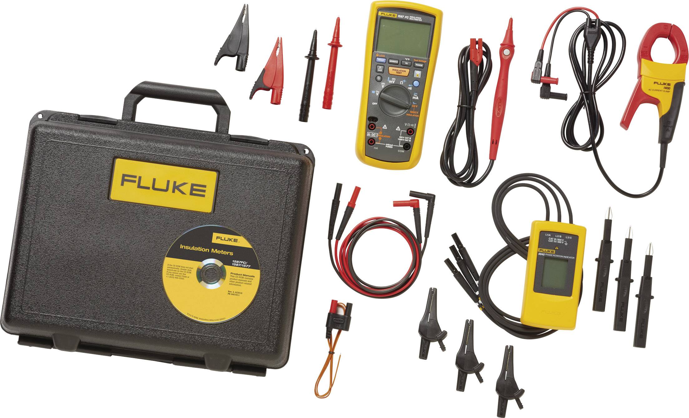 Multimeter-Set mit Koffer, Messgerät, CD, Kabeln und Zubehör von Marke Fluke. Für elektrische Messungen und Diagnosen.