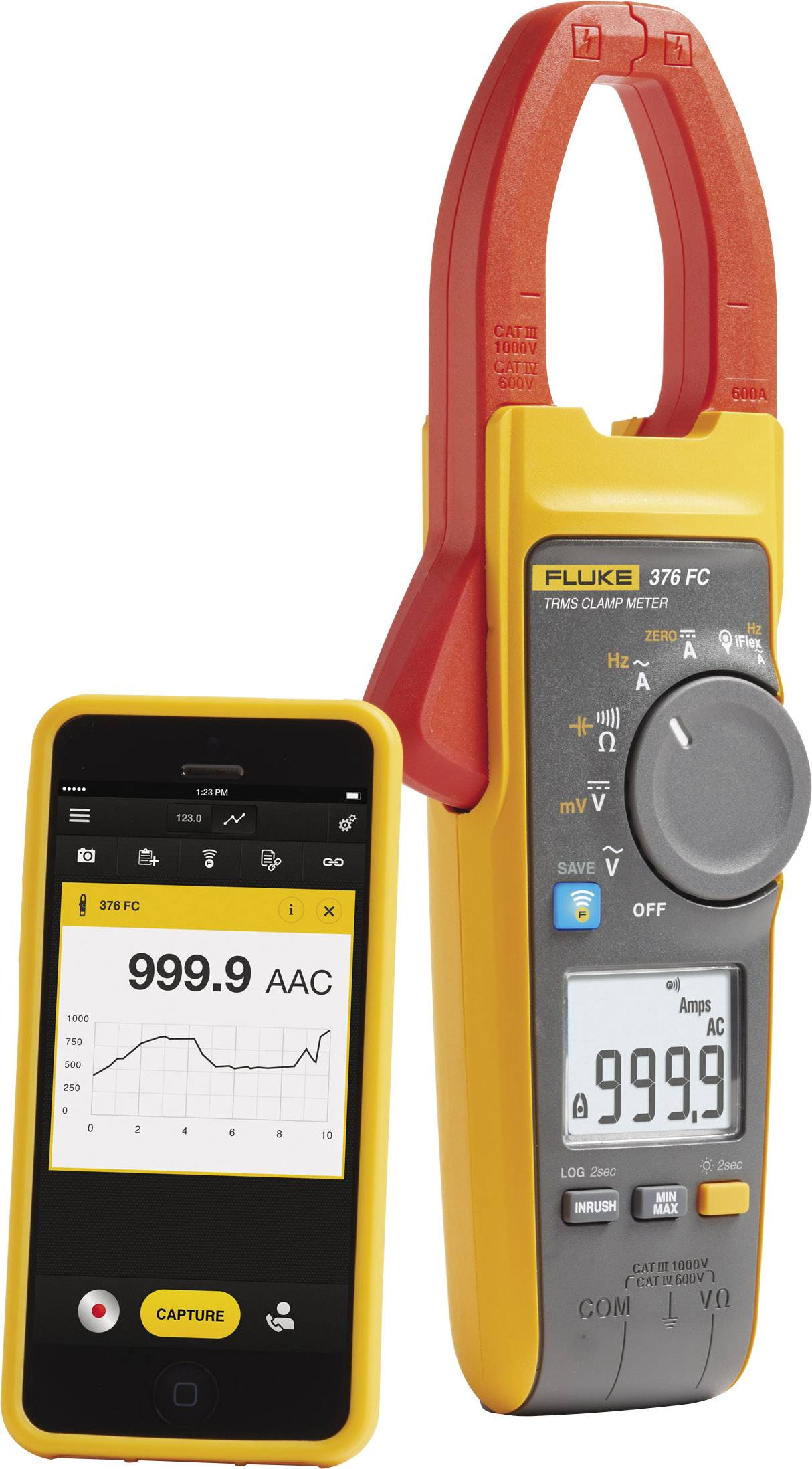 Ein digitales Zangenmessgerät zeigt '999.9 AAC' auf einem Display. Daneben ein Smartphone mit App, die dieselbe Messung anzeigt.