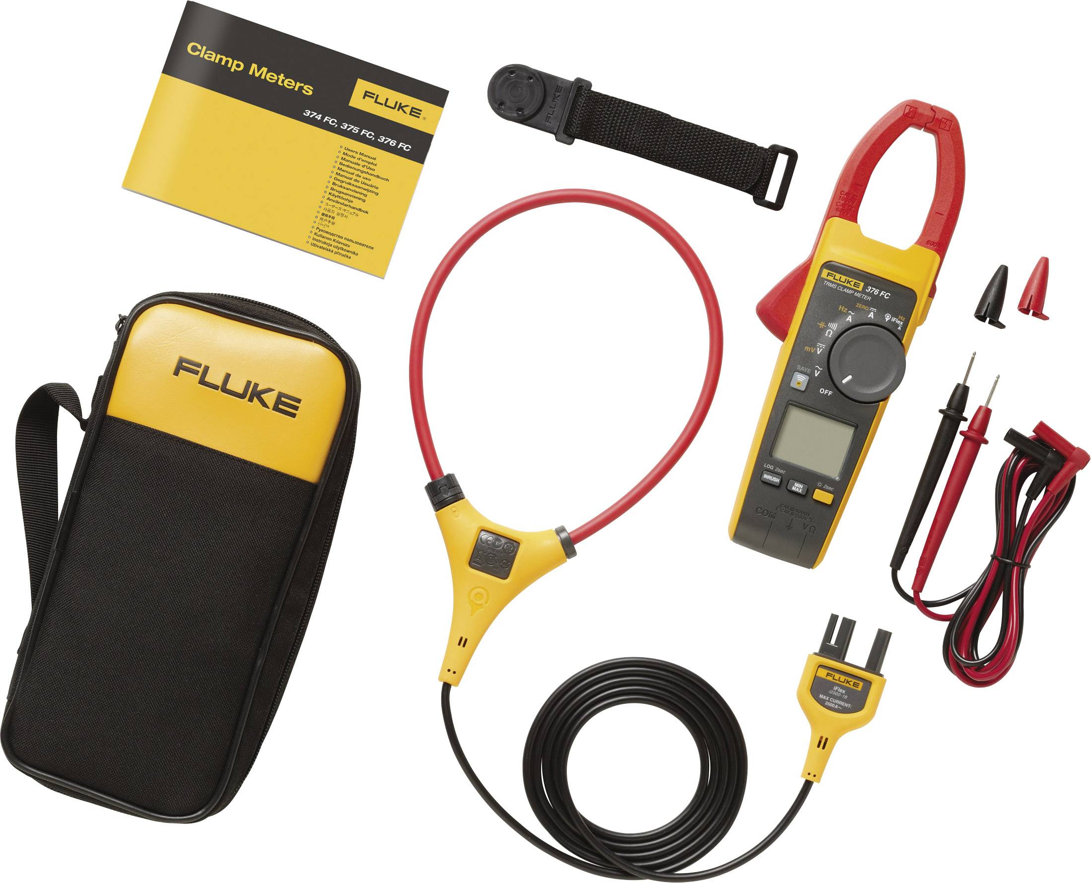 Multimeter-Set mit Koffer, inkl. Messgeräte, Kabeln und Handbuch. Hauptgerät mit Display, Krokodilklemmen und flexiblem Messring.