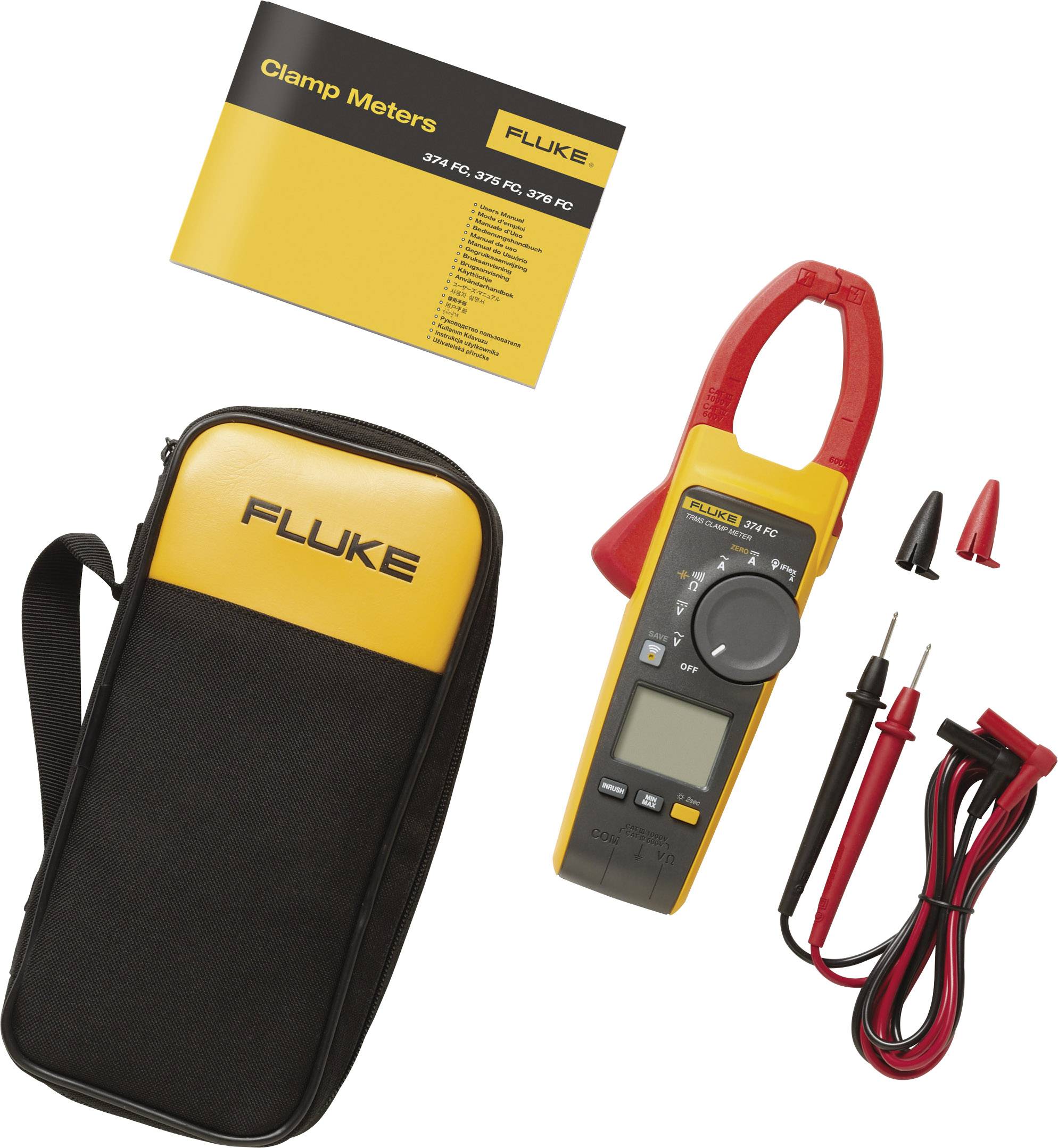 Ein Zangenmessgerät-Set bestehend aus einem digitalen Multimeter, Kabeln, Messspitzen, Klemmen und einer Tragetasche von Fluke.