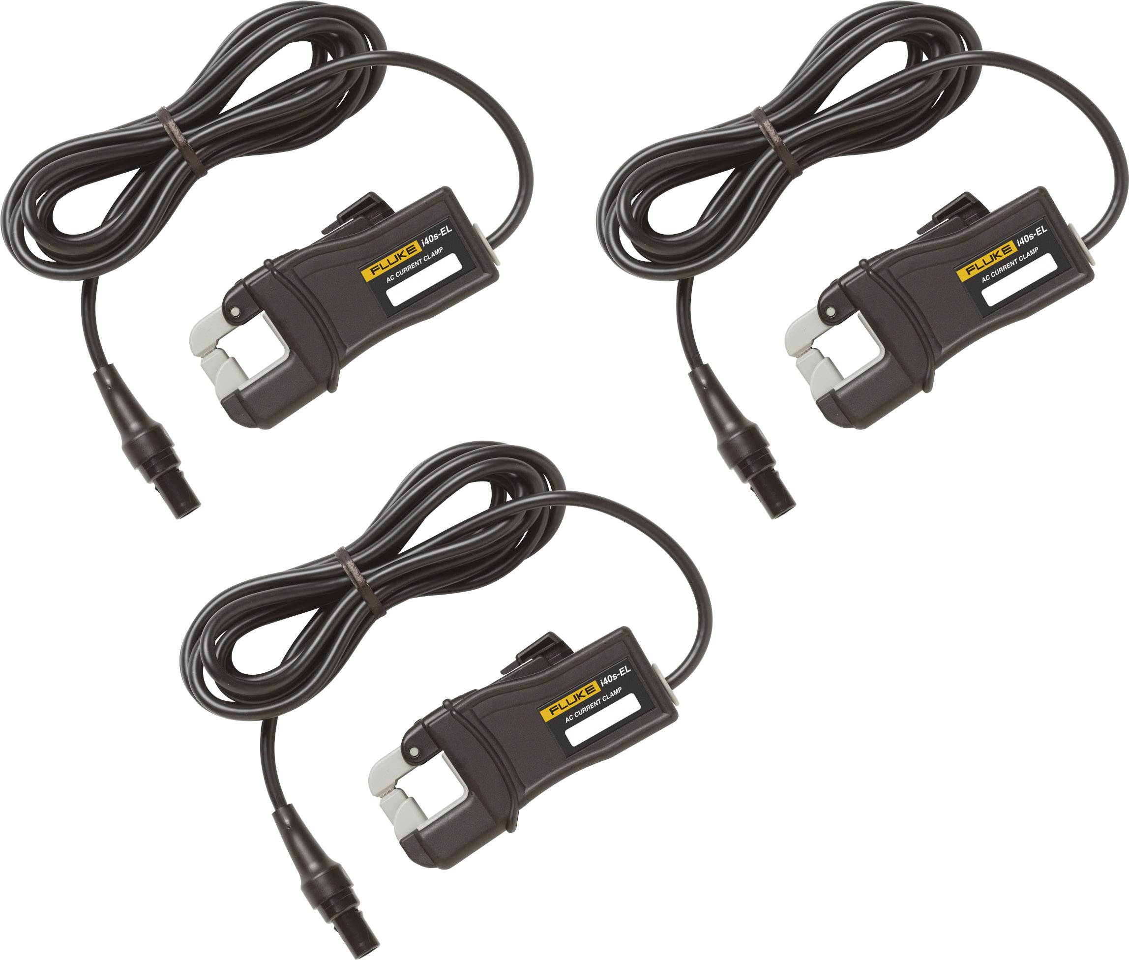 Drei schwarze Stromzangen-Messgeräte mit langen Kabeln, die für elektrische Messungen verwendet werden.