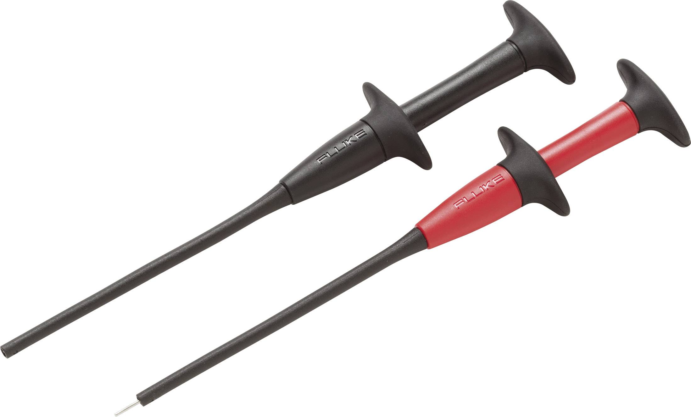 Zwei Prüfspitzen: eine schwarz, eine rot. Beide verfügen über ergonomische Griffe und dünne Spitzen für präzise elektrische Tests.