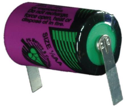 Lila AA-Batterie mit grünen Details und Metallkontakten, Beschriftung '0% Mercury'. Geeignet für elektronische Geräte.