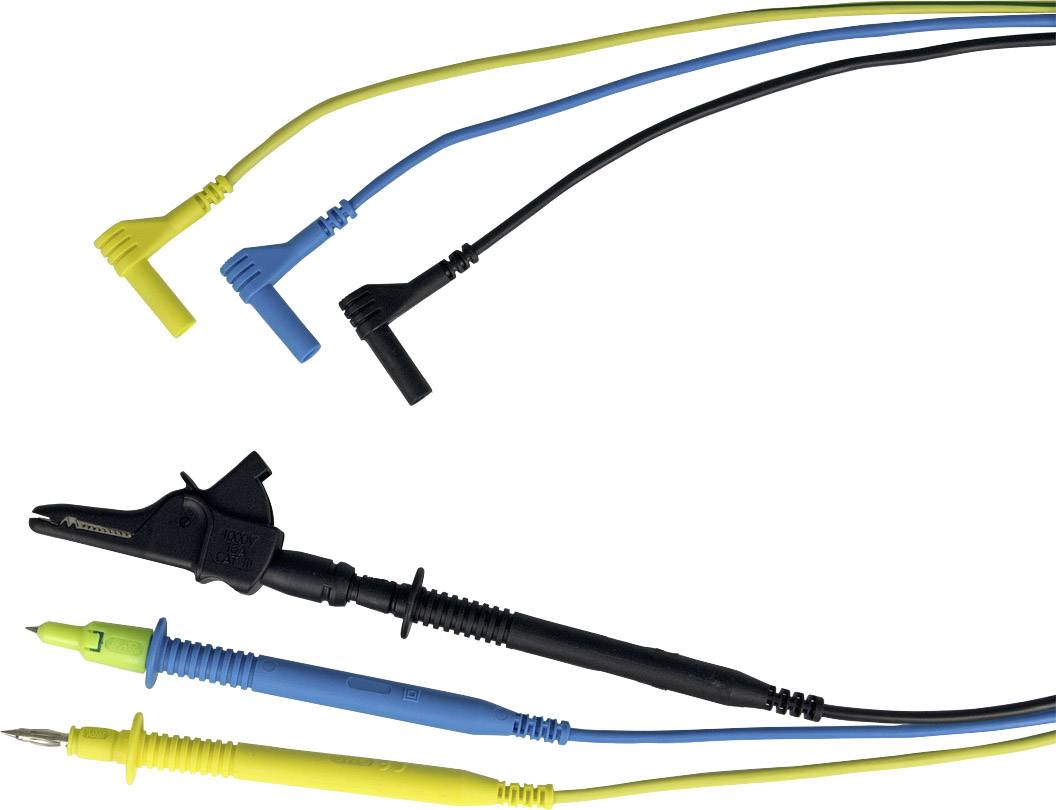 Drei farbige Messleitungen (gelb, blau, schwarz) mit Krokodilklemme und Sonde, die für elektrische Messungen verwendet werden.
