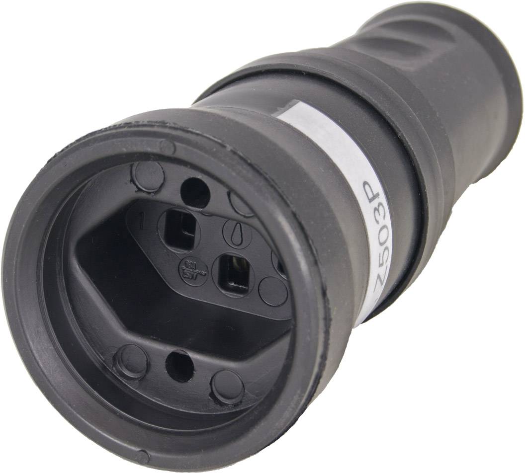 Schwarzer elektrischer Adapterstecker mit sechseckiger Buchse und mehreren Kontaktpunkten, seitliche Ansicht.