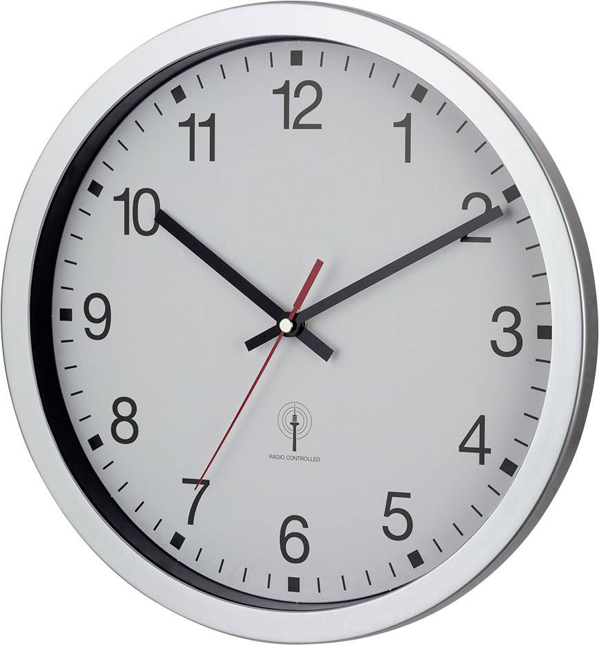 Eine runde Wanduhr zeigt 10:09 Uhr. Sie hat ein silbernes Gehäuse, ein weißes Ziffernblatt, schwarze Stunden-/Minutenzeiger und einen roten Sekundenzeiger.