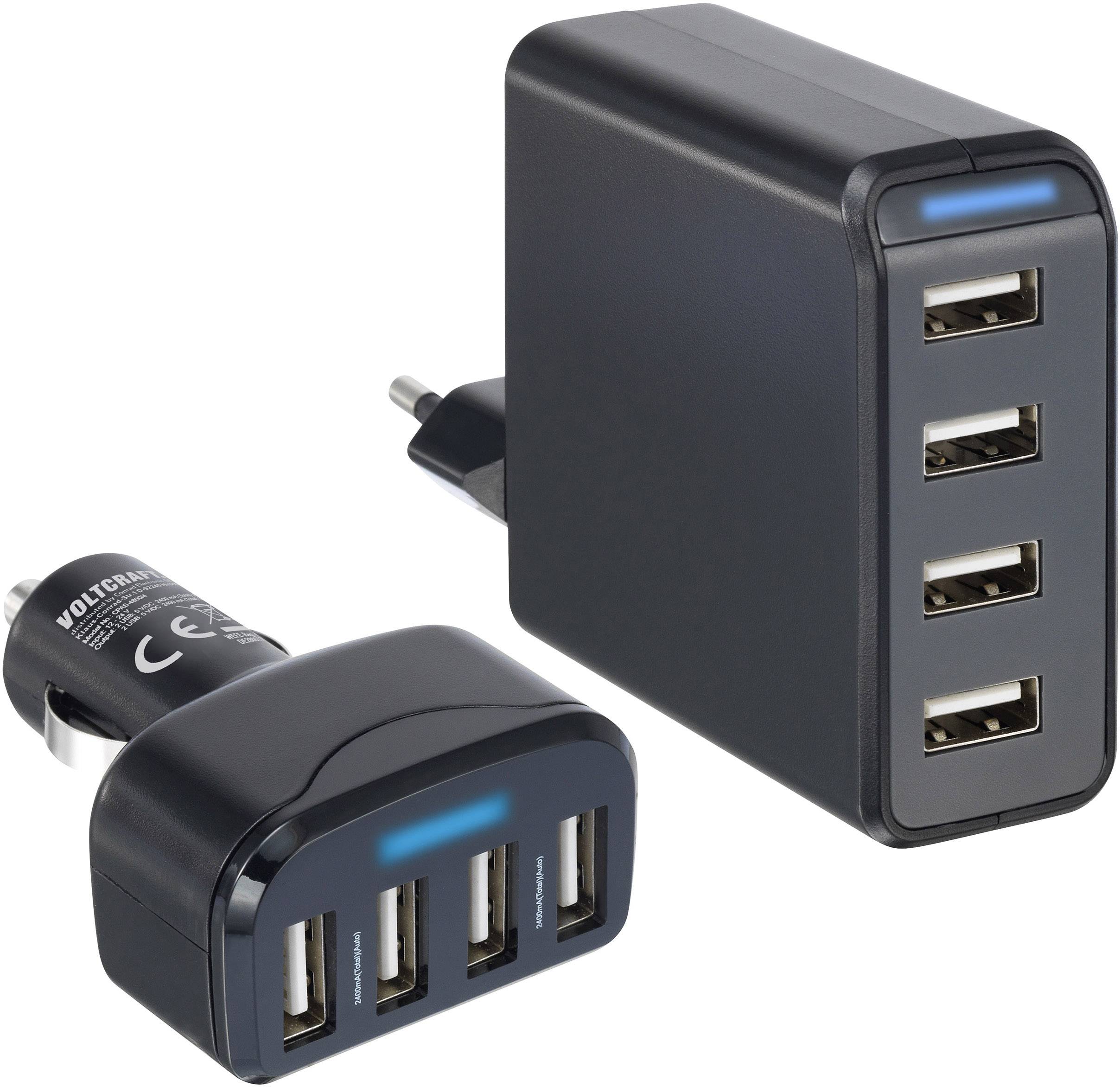 Ein schwarzes USB-Ladegerät mit vier Anschlüssen und ein Autoadapter mit drei USB-Anschlüssen. Beide Geräte haben LED-Anzeigen.