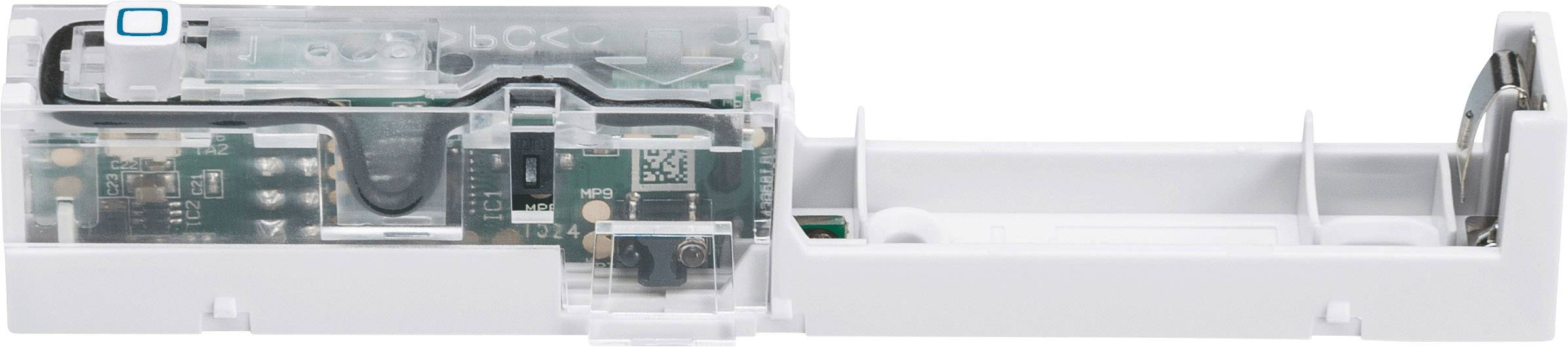 Elektronische Schaltung in einem weißen Gehäuse, zeigt Leiterplatten und elektronische Bauteile. Hauptsächlich grün und weiß.